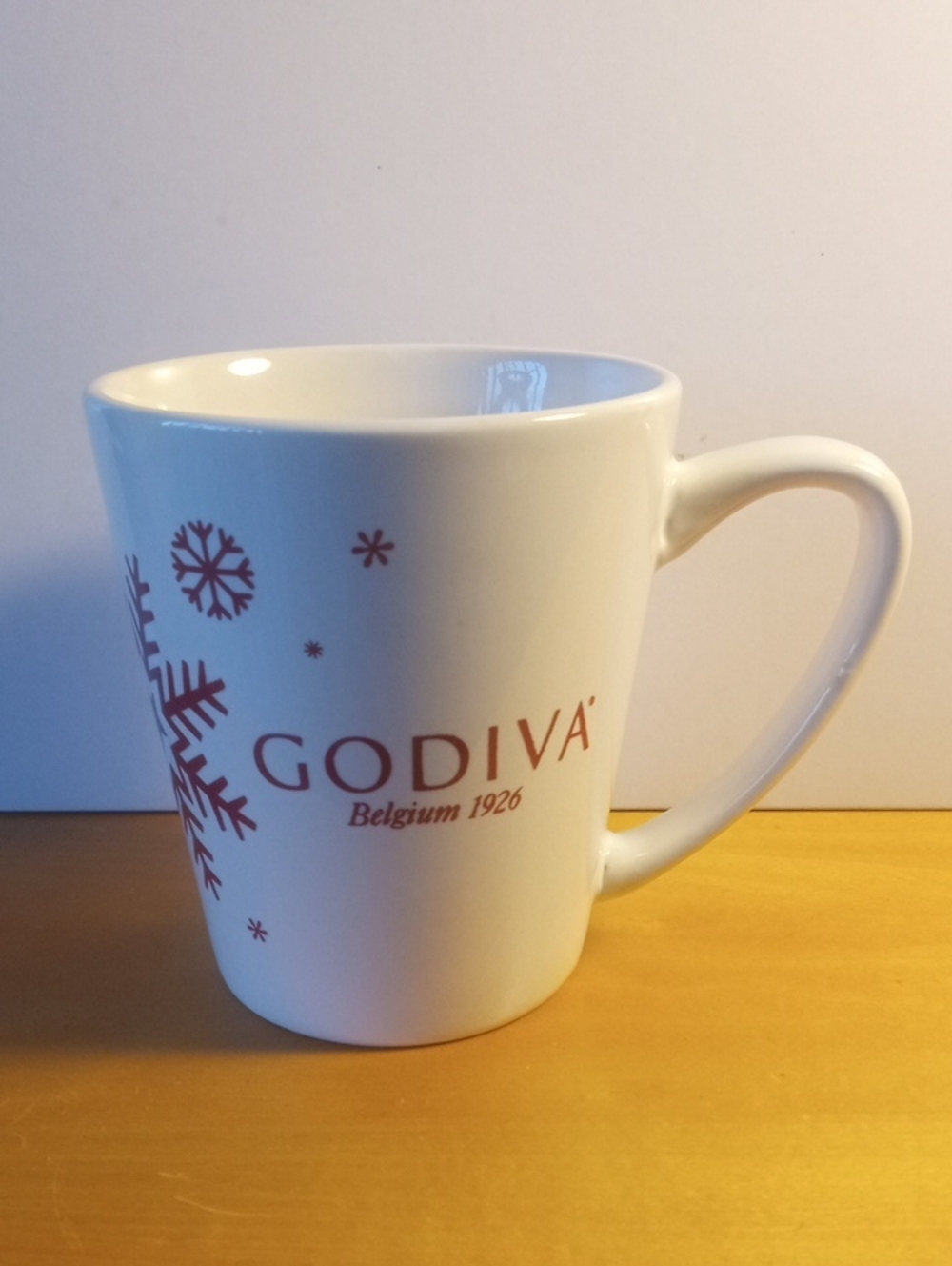 Godiva Chocolate White Ceramic Holiday Mug with Red Snowflake Accents
